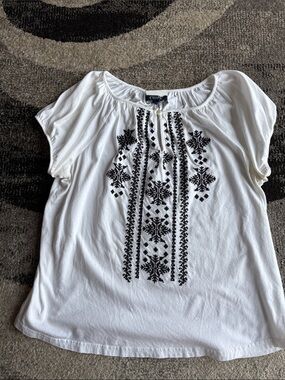 Ralph Lauren Chaps White Cotton Short-Sleeve Embroidered Boho Top Size M